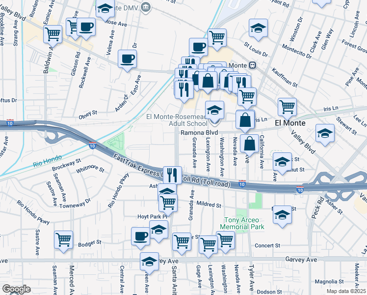 map of restaurants, bars, coffee shops, grocery stores, and more near 3419 Granada Avenue in El Monte