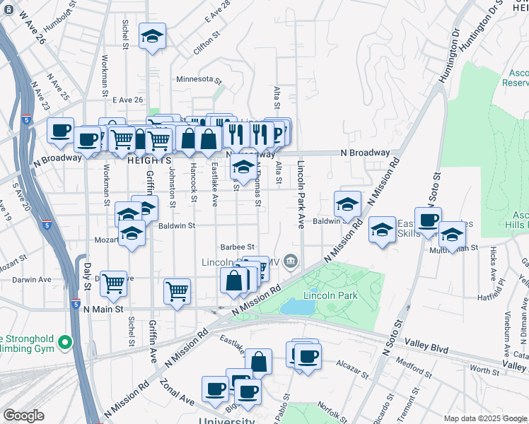 map of restaurants, bars, coffee shops, grocery stores, and more near 3422 Manitou Avenue in Los Angeles