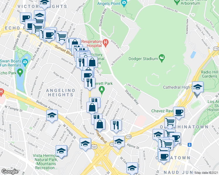 map of restaurants, bars, coffee shops, grocery stores, and more near 1047 Everett Place in Los Angeles
