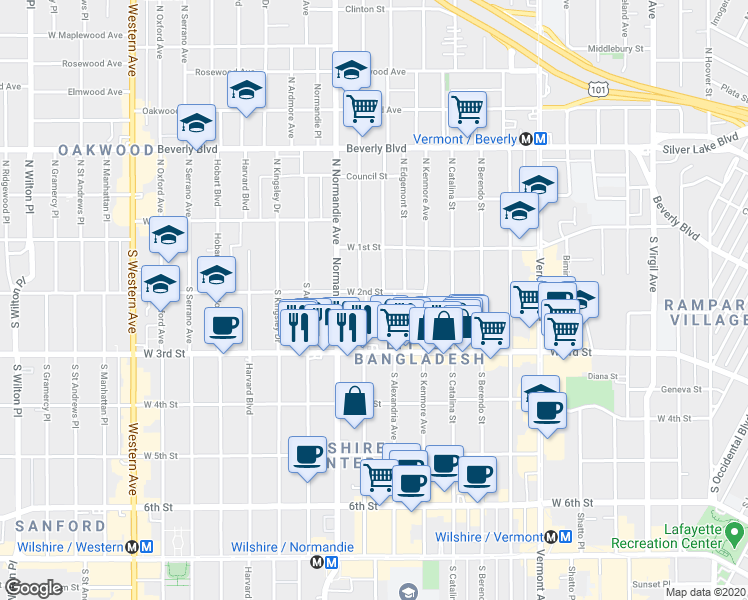 map of restaurants, bars, coffee shops, grocery stores, and more near 200 South Mariposa Avenue in Los Angeles