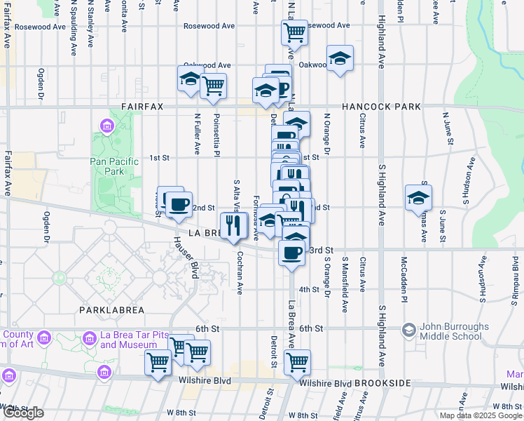 map of restaurants, bars, coffee shops, grocery stores, and more near 203 South Detroit Street in Los Angeles