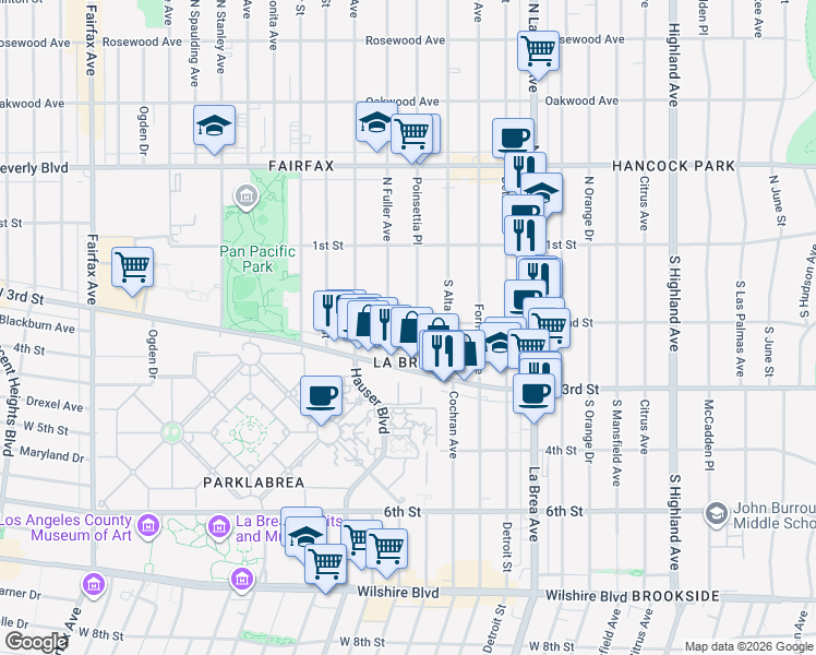 map of restaurants, bars, coffee shops, grocery stores, and more near 5876 West 2nd Street in Los Angeles