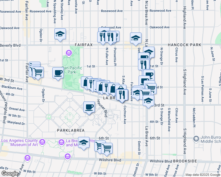map of restaurants, bars, coffee shops, grocery stores, and more near 201 South Fuller Avenue in Los Angeles