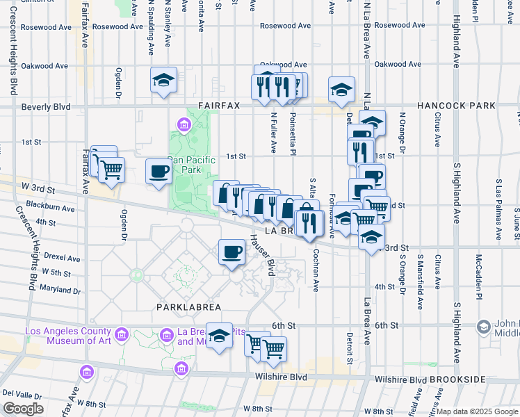 map of restaurants, bars, coffee shops, grocery stores, and more near 201 South Fuller Avenue in Los Angeles