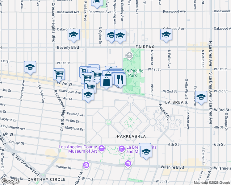 map of restaurants, bars, coffee shops, grocery stores, and more near 189 The Grove Drive in Los Angeles
