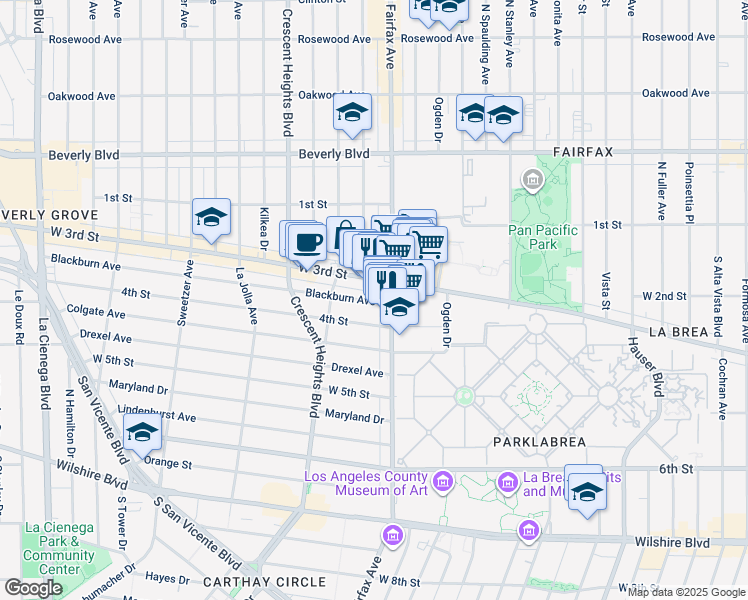 map of restaurants, bars, coffee shops, grocery stores, and more near 7911 Blackburn Avenue in Los Angeles