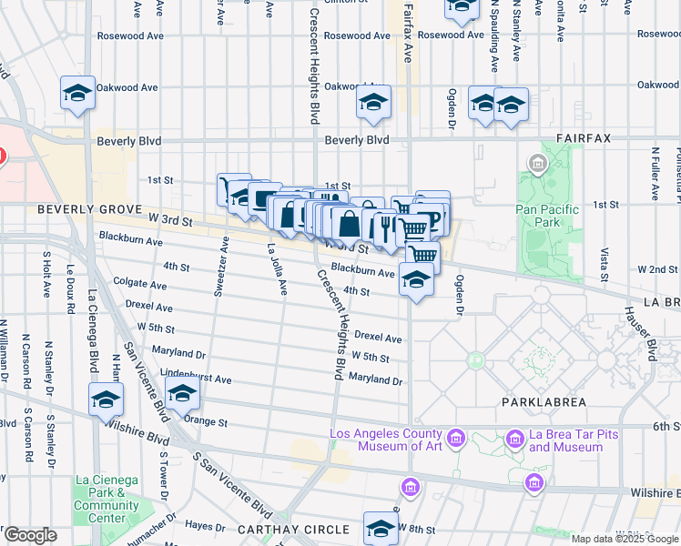 map of restaurants, bars, coffee shops, grocery stores, and more near 8028 Blackburn Avenue in Los Angeles