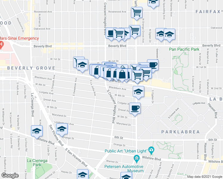 map of restaurants, bars, coffee shops, grocery stores, and more near 8028 Blackburn Avenue in Los Angeles