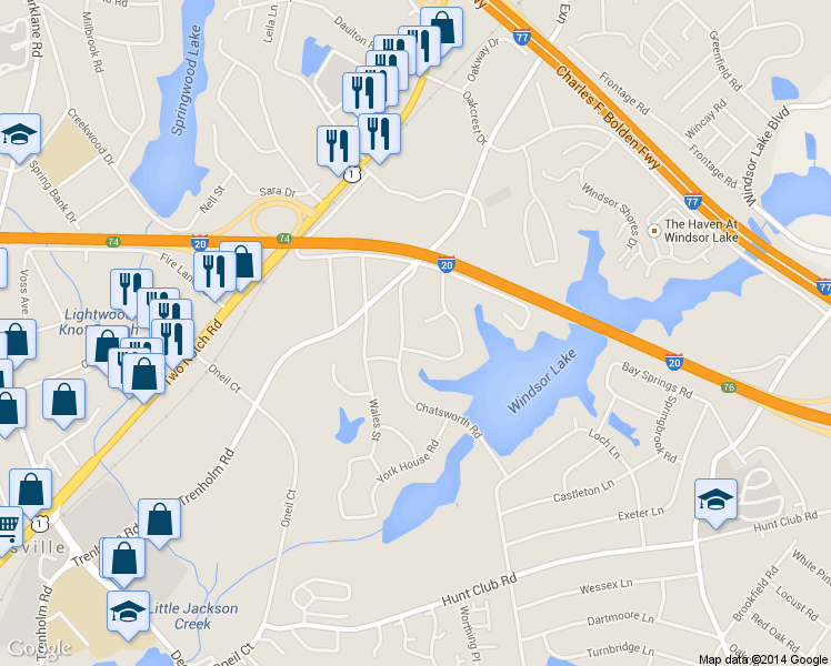 map of restaurants, bars, coffee shops, grocery stores, and more near 2904 Chatsworth Road in Columbia