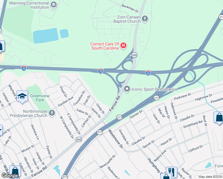 map of restaurants, bars, coffee shops, grocery stores, and more near 7229 Farrow Road in Columbia