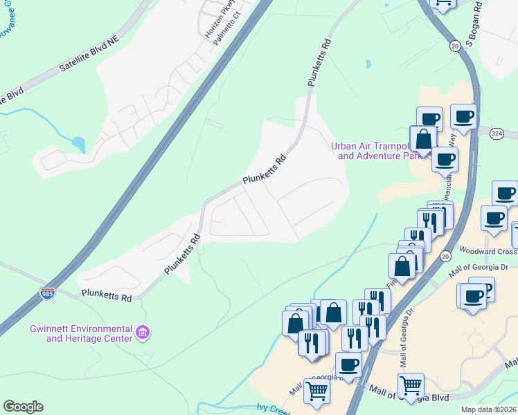 map of restaurants, bars, coffee shops, grocery stores, and more near 3399 Woodward Down Trail in Buford