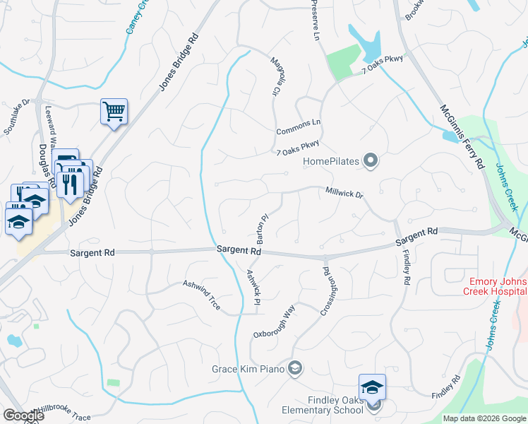 map of restaurants, bars, coffee shops, grocery stores, and more near 145 Barton Place in Alpharetta