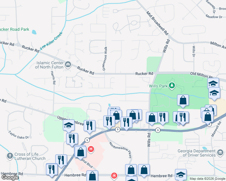 map of restaurants, bars, coffee shops, grocery stores, and more near 885 Melbourne Trail in Alpharetta