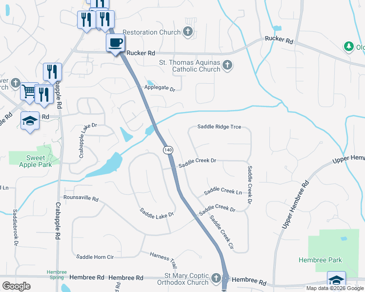 map of restaurants, bars, coffee shops, grocery stores, and more near 630 Saddle Ridge Trce in Roswell