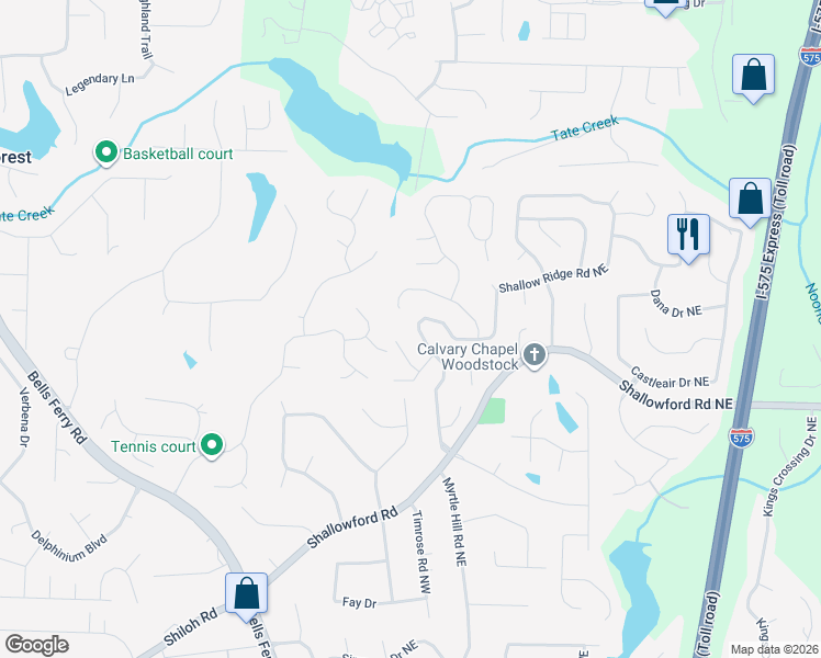 map of restaurants, bars, coffee shops, grocery stores, and more near 4743 Shallow Ridge Road Northeast in Kennesaw