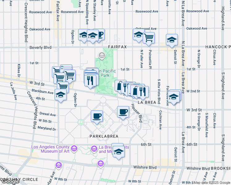 map of restaurants, bars, coffee shops, grocery stores, and more near 191 South Gardner Street in Los Angeles