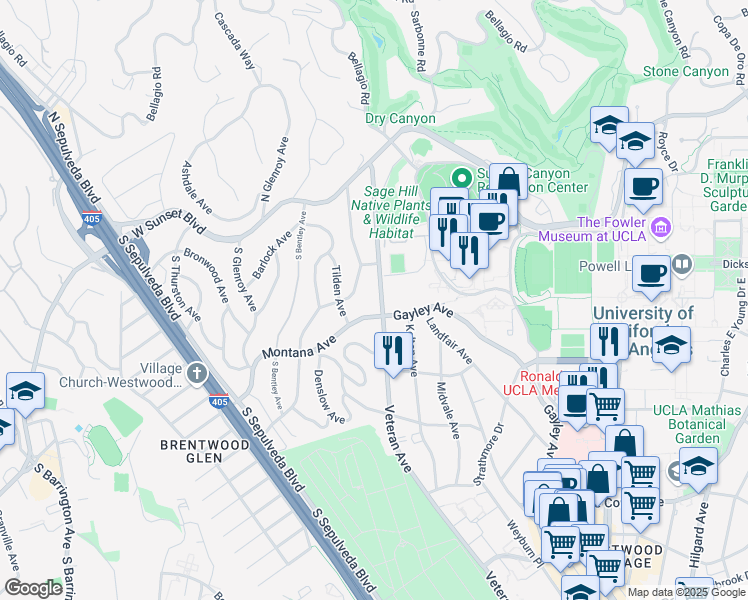 map of restaurants, bars, coffee shops, grocery stores, and more near 343 Veteran Avenue in Los Angeles