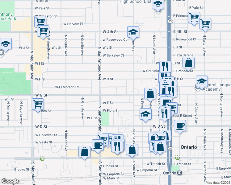 map of restaurants, bars, coffee shops, grocery stores, and more near 608 West G Street in Ontario