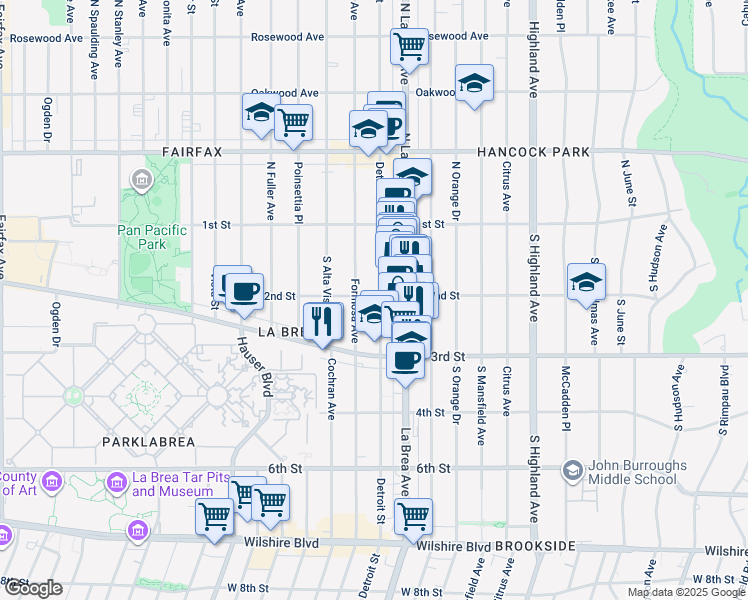 map of restaurants, bars, coffee shops, grocery stores, and more near 203 South Detroit Street in Los Angeles