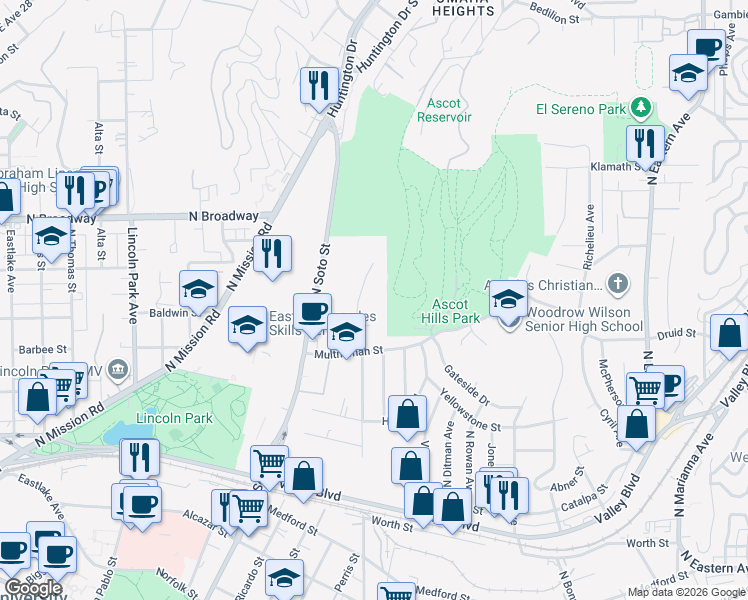 map of restaurants, bars, coffee shops, grocery stores, and more near 2306 North Indiana Avenue in Los Angeles