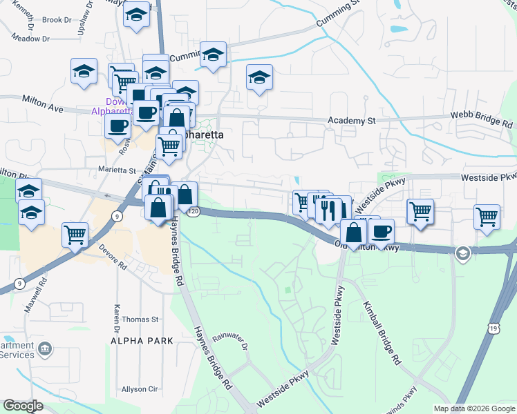 map of restaurants, bars, coffee shops, grocery stores, and more near 2440 Old Milton Parkway in Alpharetta