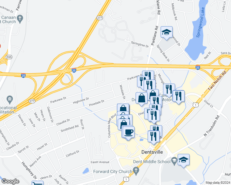 map of restaurants, bars, coffee shops, grocery stores, and more near 2136 Arrowhead Drive in Columbia