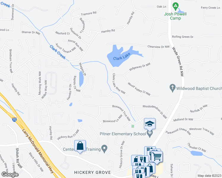 map of restaurants, bars, coffee shops, grocery stores, and more near 1603 Clark Lake Drive in Acworth