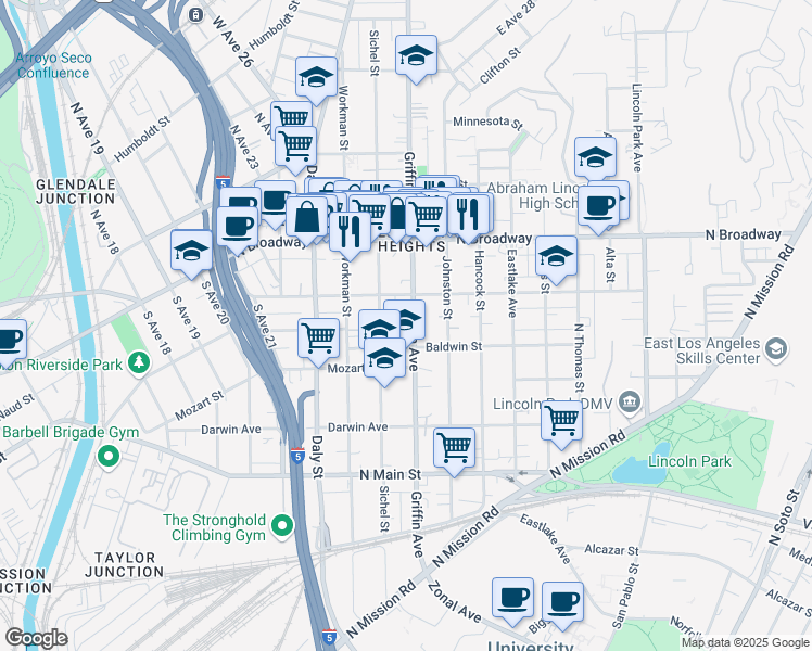 map of restaurants, bars, coffee shops, grocery stores, and more near 2229 Griffin Avenue in Los Angeles