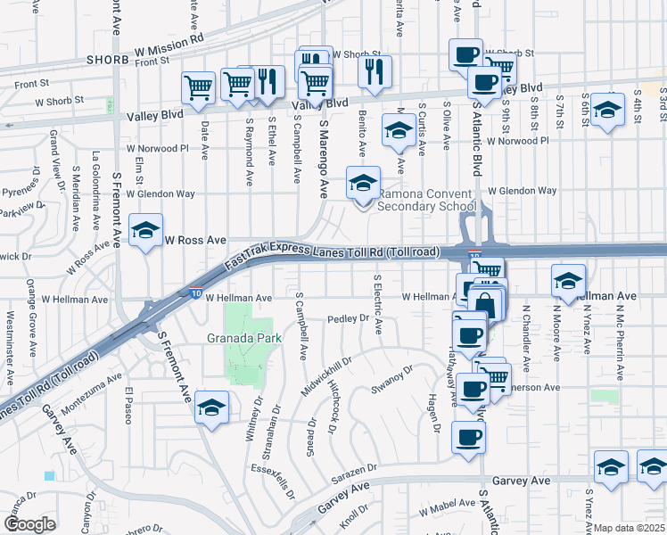 map of restaurants, bars, coffee shops, grocery stores, and more near 1616 West Ramona Road in Alhambra