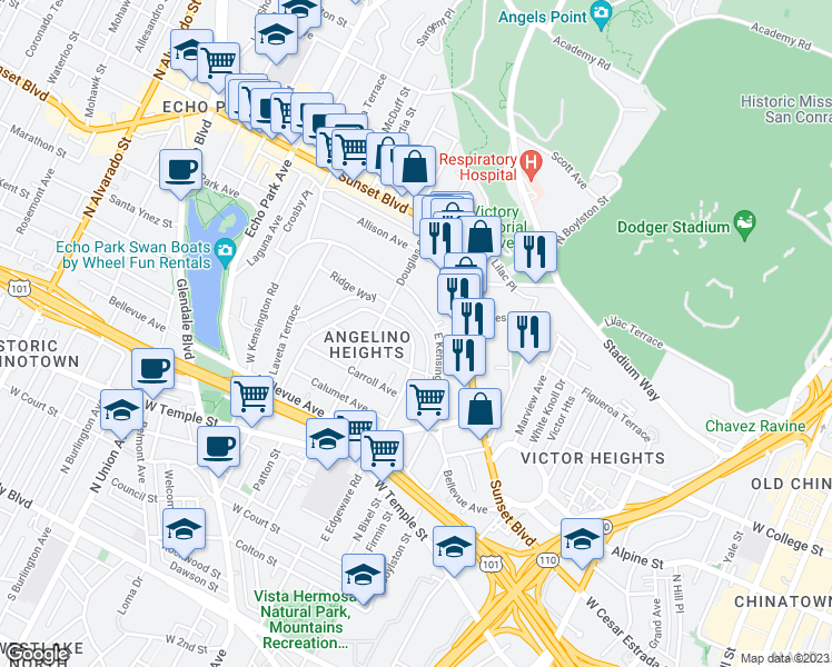 map of restaurants, bars, coffee shops, grocery stores, and more near 938 East Edgeware Road in Los Angeles
