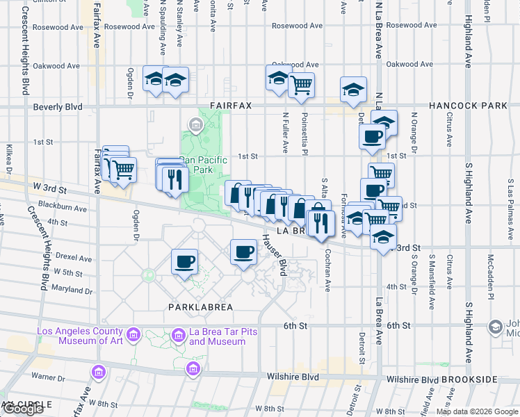 map of restaurants, bars, coffee shops, grocery stores, and more near 187 South Martel Avenue in Los Angeles