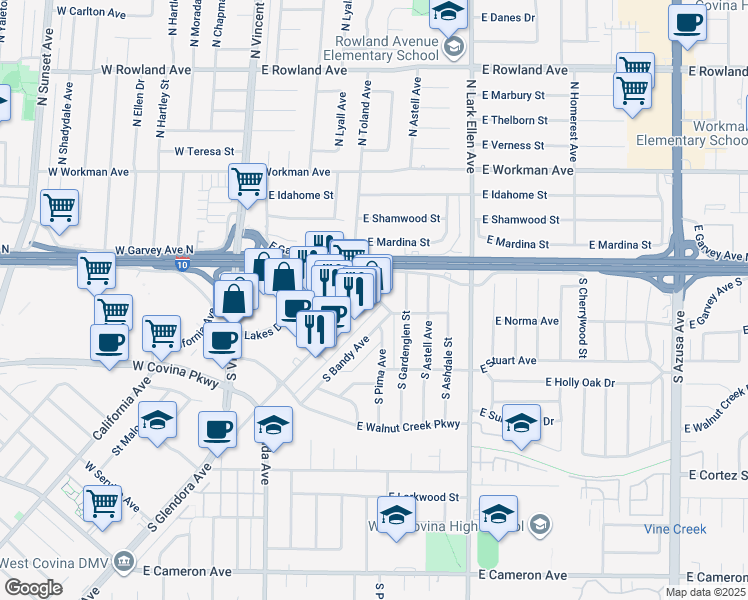 map of restaurants, bars, coffee shops, grocery stores, and more near 1028 East Dalewood Street in West Covina