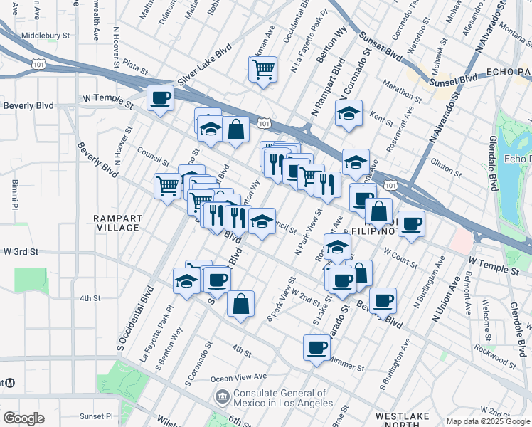 map of restaurants, bars, coffee shops, grocery stores, and more near 207 North Coronado Street in Los Angeles