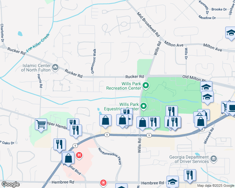 map of restaurants, bars, coffee shops, grocery stores, and more near 170 Arrowood Lane in Alpharetta