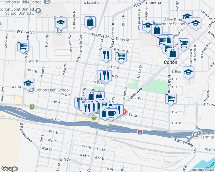 map of restaurants, bars, coffee shops, grocery stores, and more near 572 North La Cadena Drive in Colton