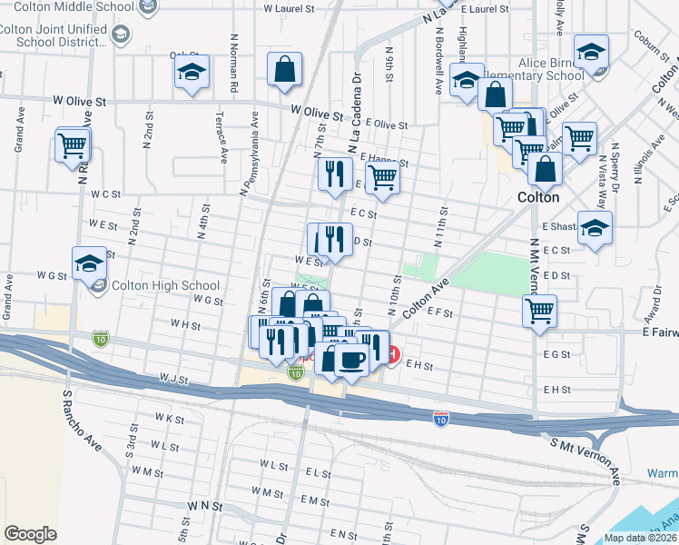 map of restaurants, bars, coffee shops, grocery stores, and more near 501 North 9th Street in Colton