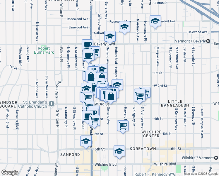 map of restaurants, bars, coffee shops, grocery stores, and more near 204 Serrano Avenue in Los Angeles