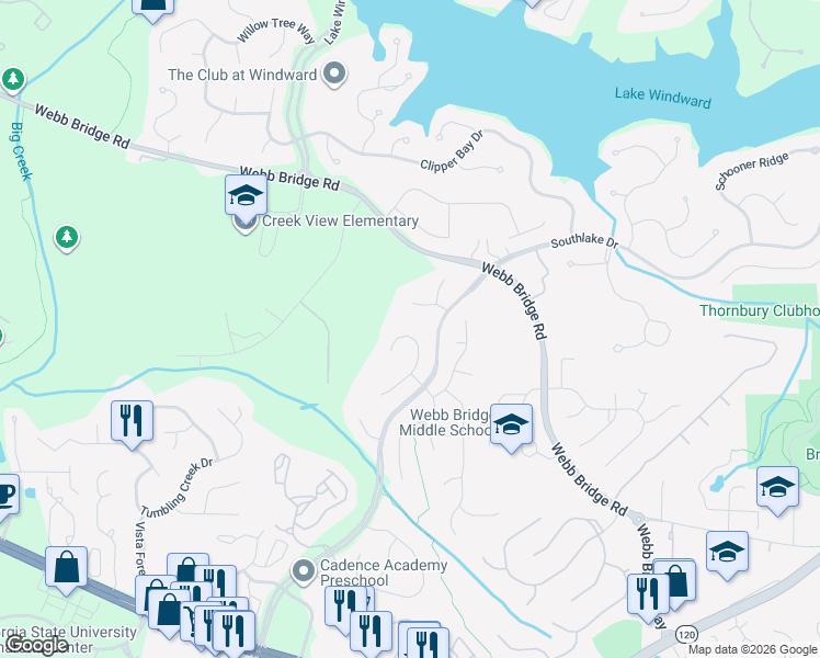 map of restaurants, bars, coffee shops, grocery stores, and more near 3575 Goldenrod Drive in Alpharetta