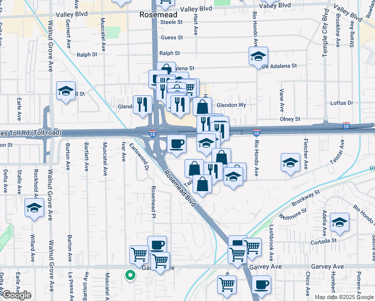 map of restaurants, bars, coffee shops, grocery stores, and more near 9000 Flair Drive in El Monte