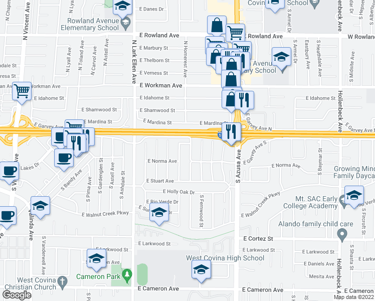 map of restaurants, bars, coffee shops, grocery stores, and more near 125 South Cherrywood Street in West Covina