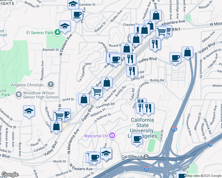 map of restaurants, bars, coffee shops, grocery stores, and more near 5088 Valley Boulevard in Los Angeles
