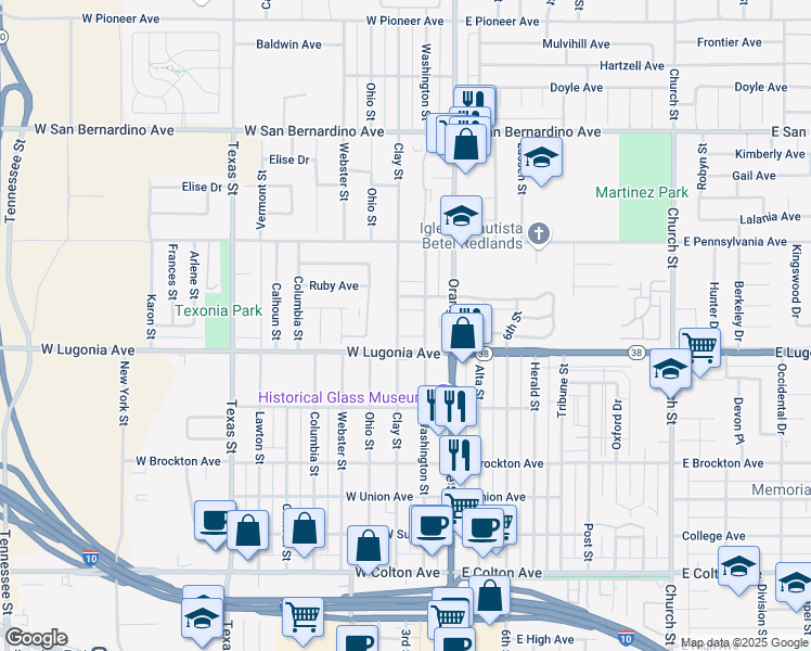map of restaurants, bars, coffee shops, grocery stores, and more near 1324 Clay Street in Redlands