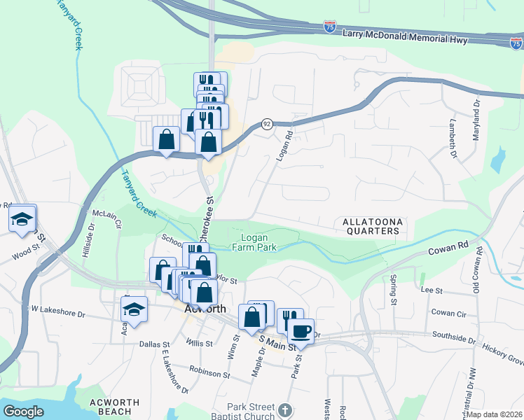 map of restaurants, bars, coffee shops, grocery stores, and more near 4260 Terrace Drive in Acworth