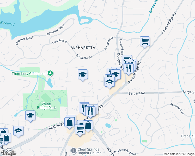 map of restaurants, bars, coffee shops, grocery stores, and more near 225 Leafwing Court in Alpharetta