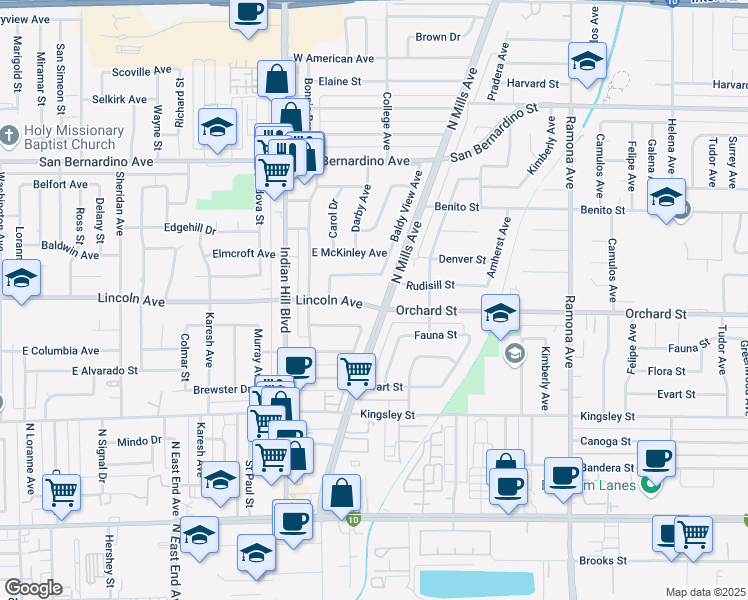 map of restaurants, bars, coffee shops, grocery stores, and more near 1777 Lincoln Ave in Pomona