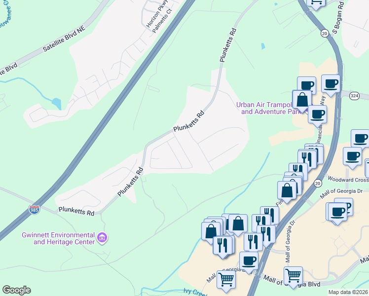 map of restaurants, bars, coffee shops, grocery stores, and more near 3399 Woodward Down Trail in Buford