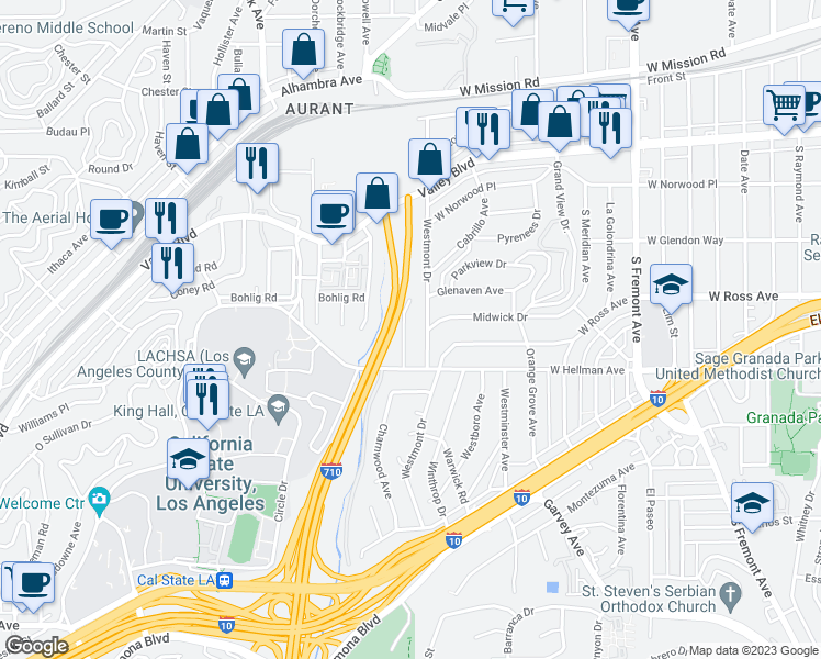 map of restaurants, bars, coffee shops, grocery stores, and more near 1916 Charnwood Avenue in Alhambra