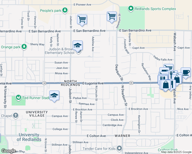 map of restaurants, bars, coffee shops, grocery stores, and more near 1475 Claire Avenue in Redlands