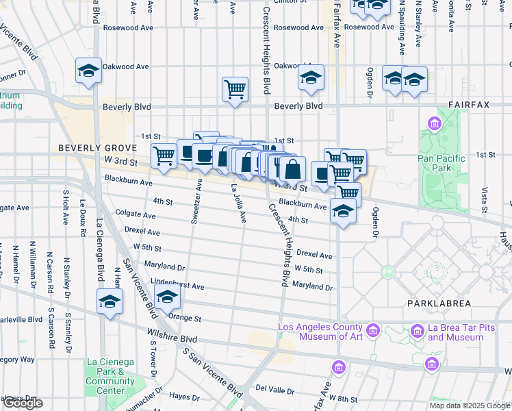 map of restaurants, bars, coffee shops, grocery stores, and more near 8120 Blackburn Avenue in Los Angeles