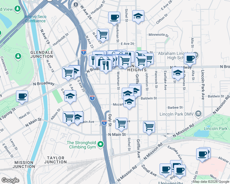 map of restaurants, bars, coffee shops, grocery stores, and more near Vallejo Street in Los Angeles